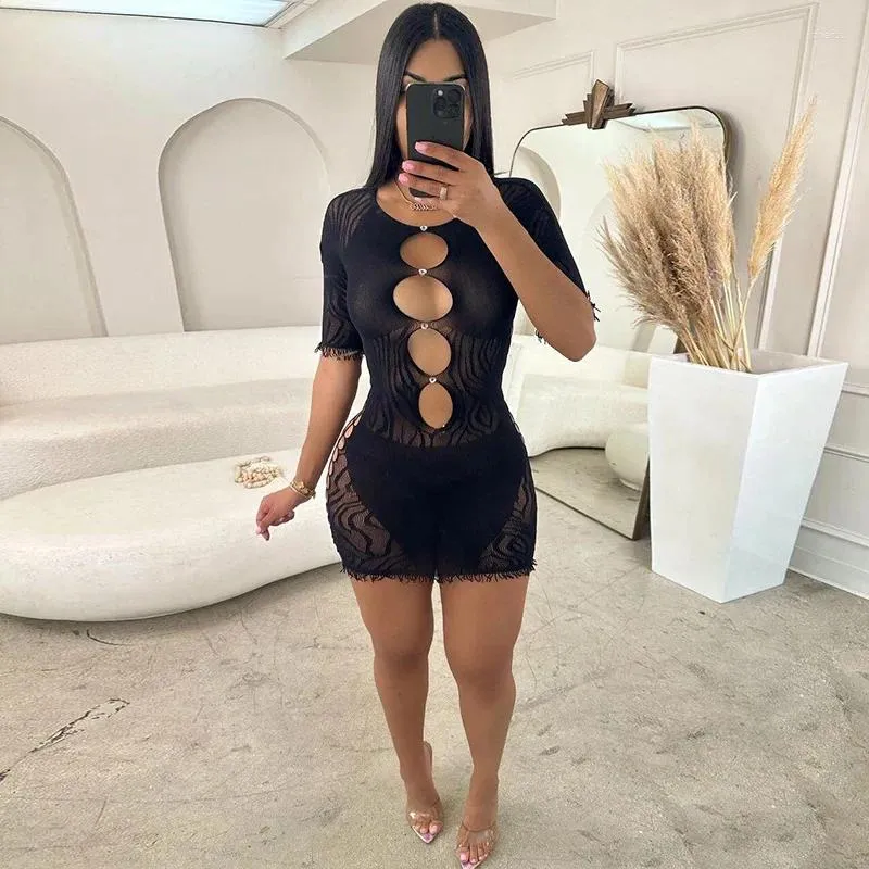 Robes de fête Hollow Out Diamants Tassel mini robe en dentelle tricotée Femmes sexy Voir à travers O Club Bodycon Mesh Mesh à manche