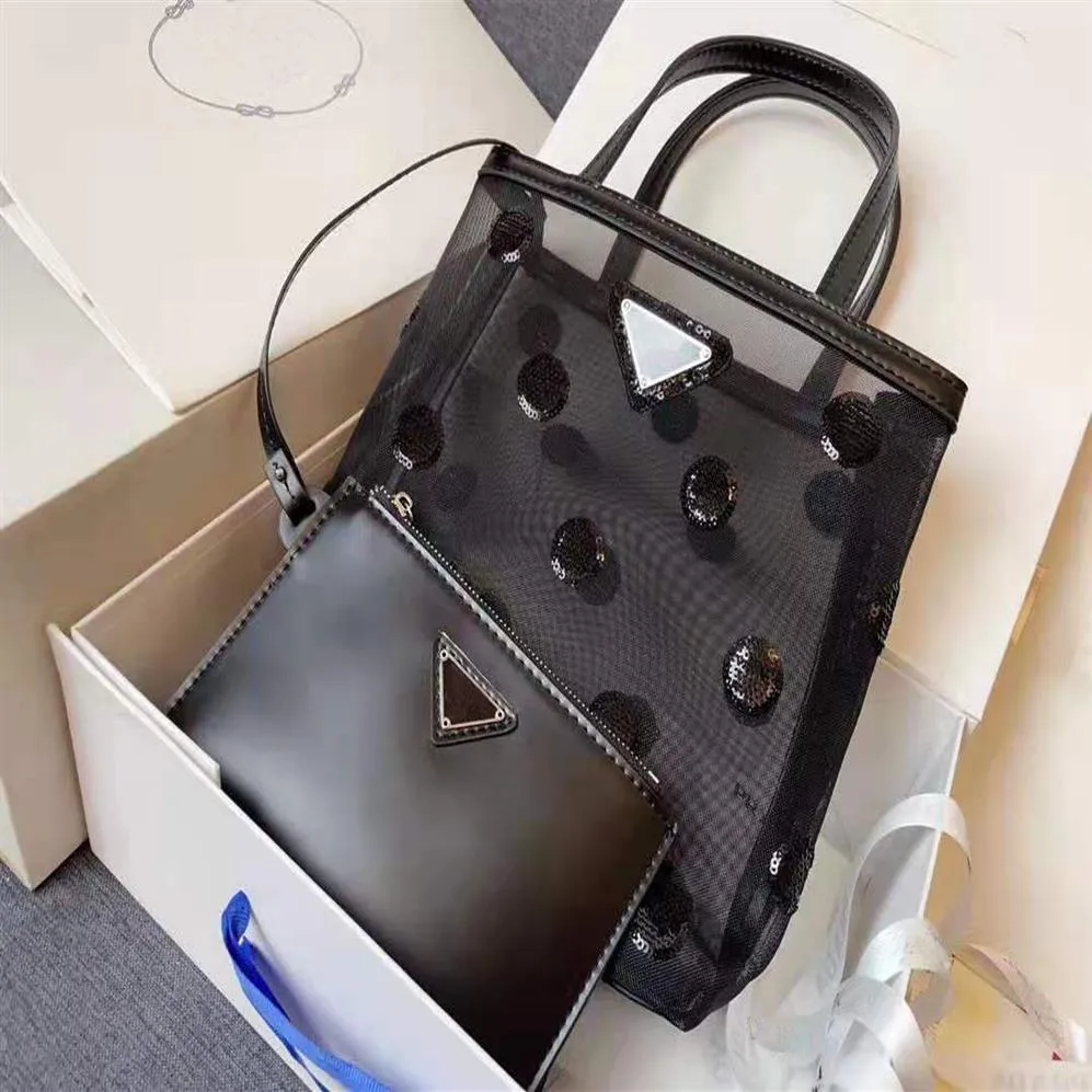Designer tygväska kvinnor axel handväskor modepåsar paljett polka dot svart handväska transparent nätväska 2 st.