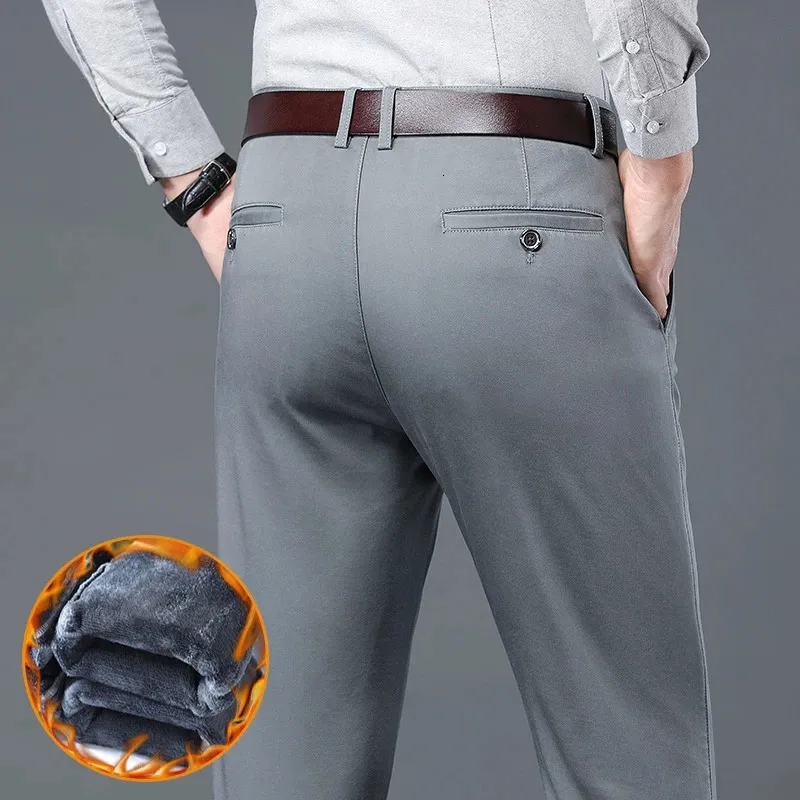 Hiver chaud polaire hommes costume pantalon hommes coton affaires épais couleur unie extérieur décontracté formel pantalon mâle grande taille 38 40 240124