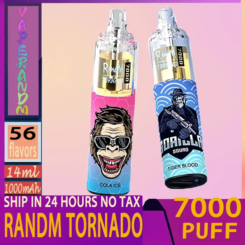 original Randm Tornado 7000 puff disposable vapes Pen with 14ml Pod Mesh Coil 1000mAh battery 6 RGB Rechargeable Air-adjustable 0% 2% 3% 5% Device puff 7k