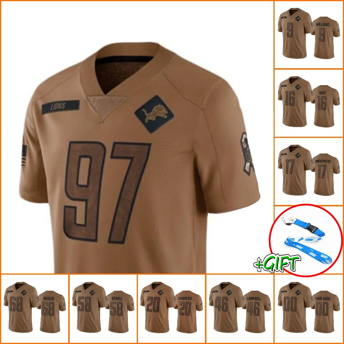 Оптовая продажа футбольных майок Detroit''Lions''Men 16 Jared Goff 58 Penei Sewell Women Brown 2023 Salute To Service Limited Jersey