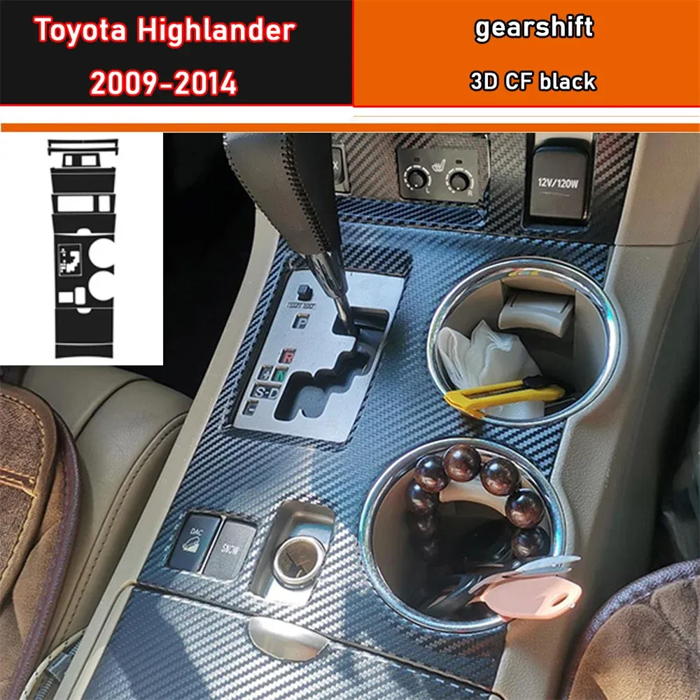 Film de protection autocollant intérieur de voiture, pour boîte de vitesses, pour Toyota Highlander 2009 – 2014, autocollant de panneau d'engrenage de voiture, en Fiber de carbone noir