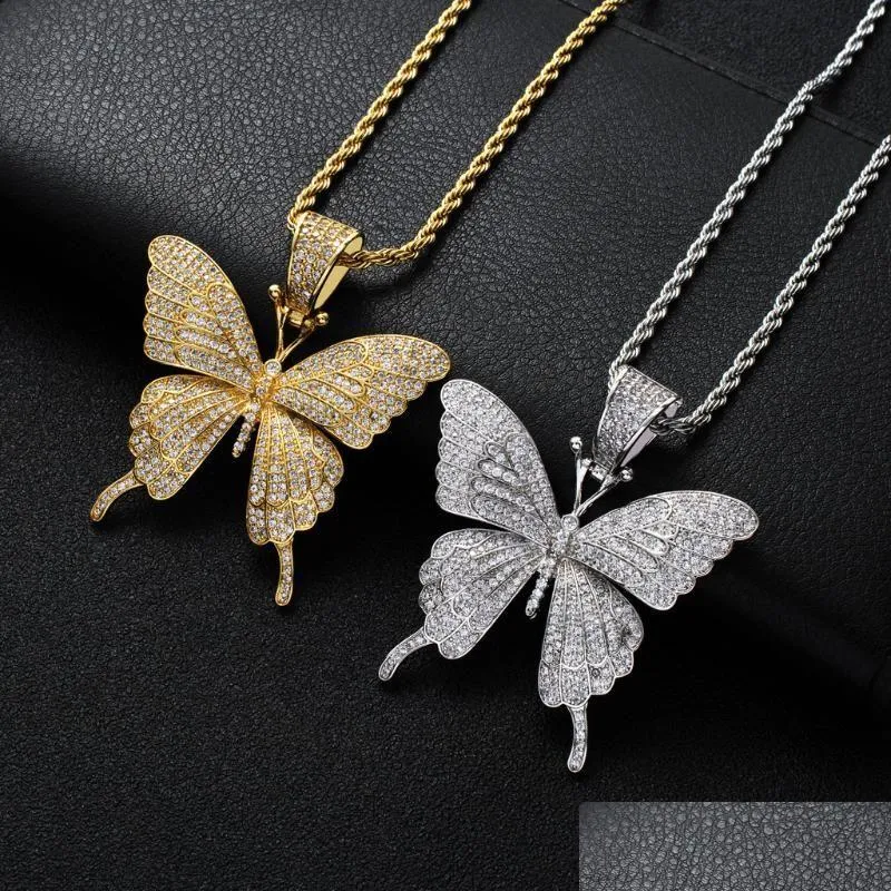 Pendant Necklaces Insect Butterfly Hip Hop Iced Out Cubic Zirconia Necklace Women Men Fashion Jewelry With 24 Inch Rope Link Chains D Dhndl