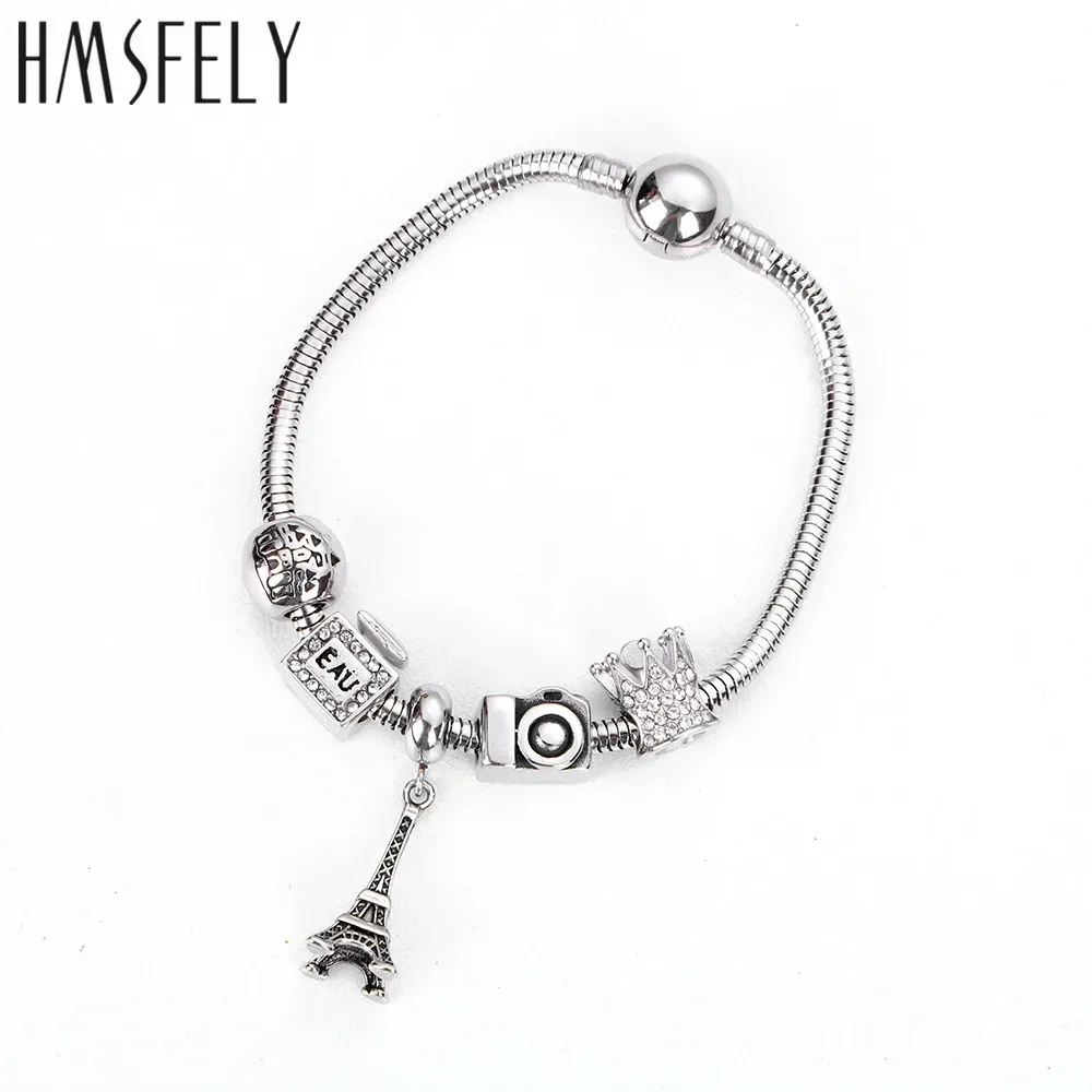 Armbänder HMSFELY Edelstahl Charm Eiffelturm Armbänder Perlenkette Für Frauen Fit Schlangenkette Feines Armband DIY Schmuck Geschenk