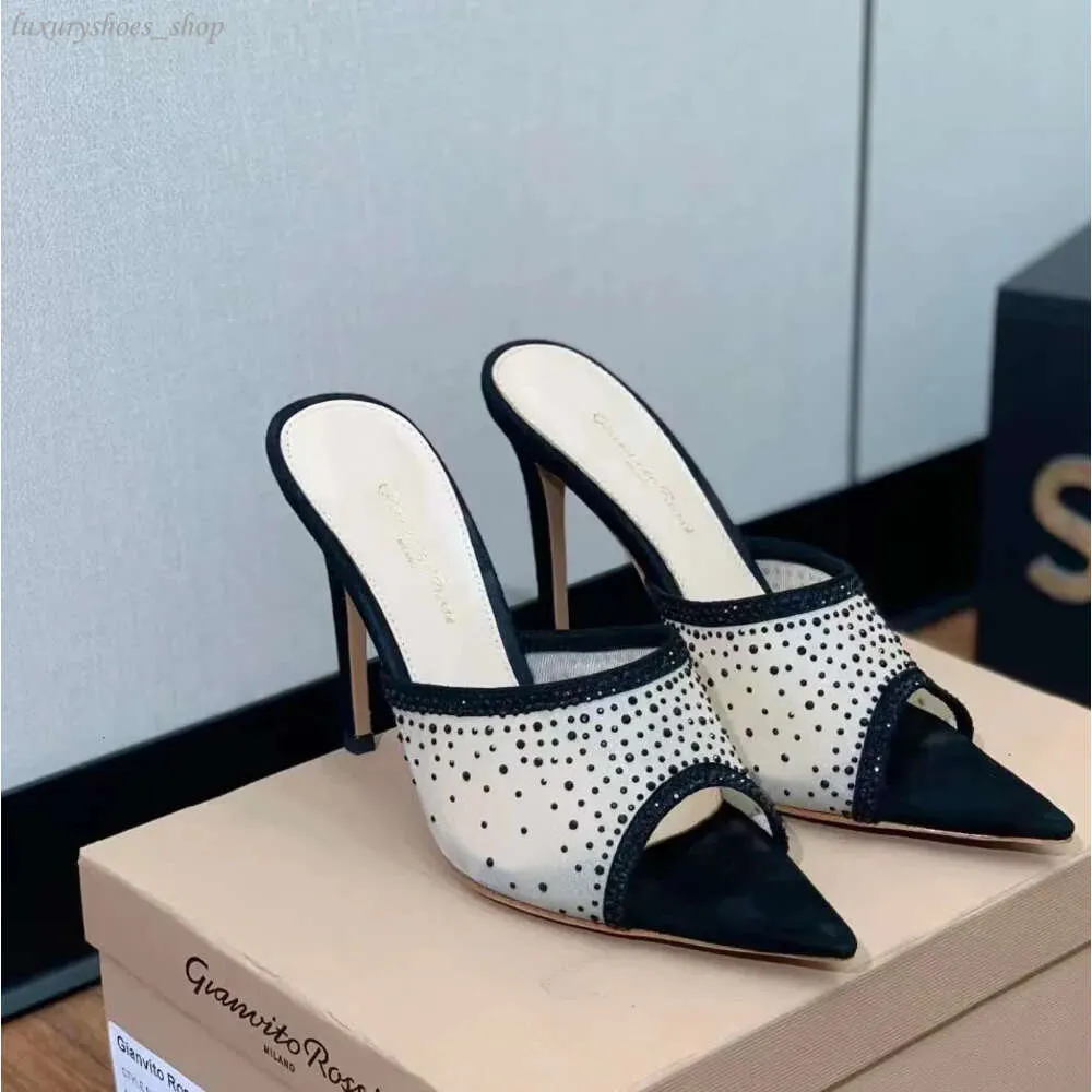 Gianvito Rossi Yüksek Topuk Terlik Kadınlar Mesh Kristal Dekorasyon Açık Ayak Parmağlı Sandalet Yüksek Kalite Fabrika Sıradan Mat Deri Lüks Tasarımcı Ayakkabı