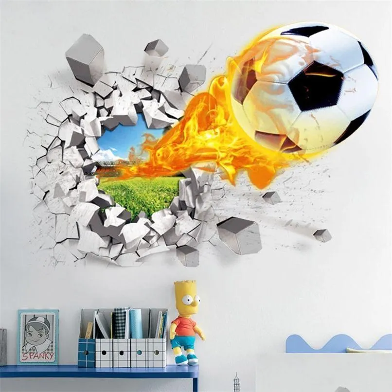 Objetos decorativos estatuetas 3d futebol adesivo quebrado para crianças sala de estar decoração esportiva mural adesivos decoração de casa decalques parede dhbwb