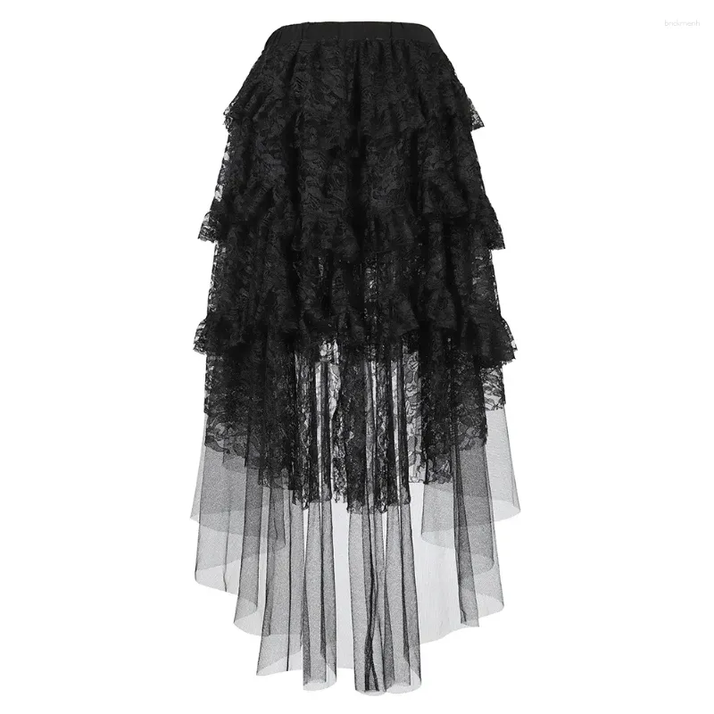 Юбки, сексуальная черная кружевная юбка для женщин, многослойная плиссированная юбка в стиле стимпанк, асимметричная, с высокой и низкой рюшами, из тюля, длинная, большие размеры, XS-6XL