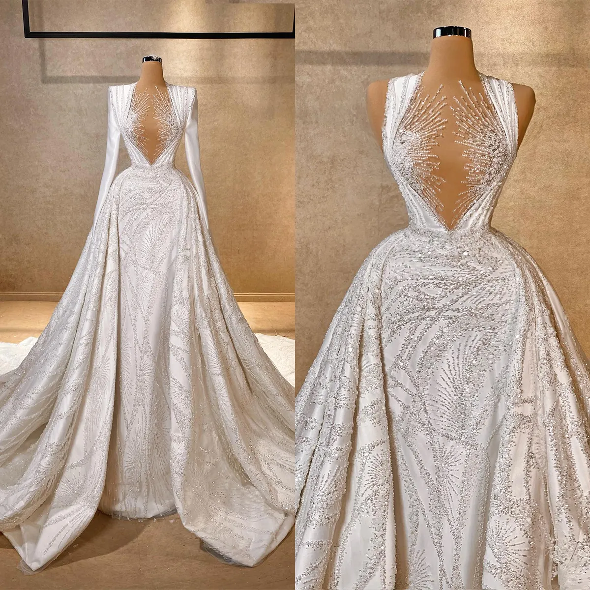 Modern Shine A-Line Wedding Dress Jewel 3D-Lace Ball Gown Plus Size Detachable Train Bridal Gowns Dress Vestido De Novia Size Color Customized D-H23830