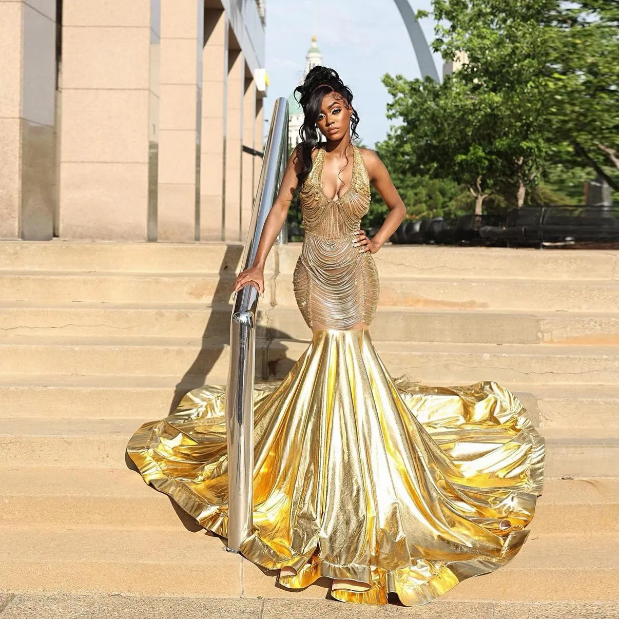 Women's Champagne Gold Mermaid Sequin Dress - V-Neck Spaghetti Strap Open Back Evening Gown With Train - View #4