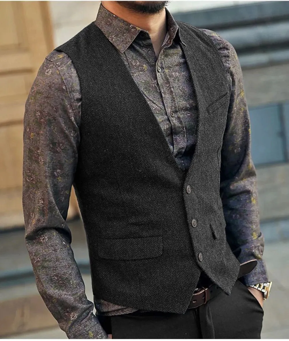 Costume pour hommes Gilet Noir Gris Laine Tweed Gilet Veste Slim Fit Comme Beckham Business Groomman Vêtements Homme Pour Gilets De Mariage 240119