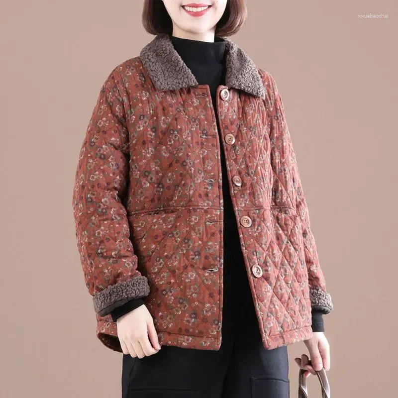 Trenchs de Femmes Vintage Court Floral Coton Rembourré Manteau Femmes 2024 Style Plus Col Fluff Casual Western Veste À Revers