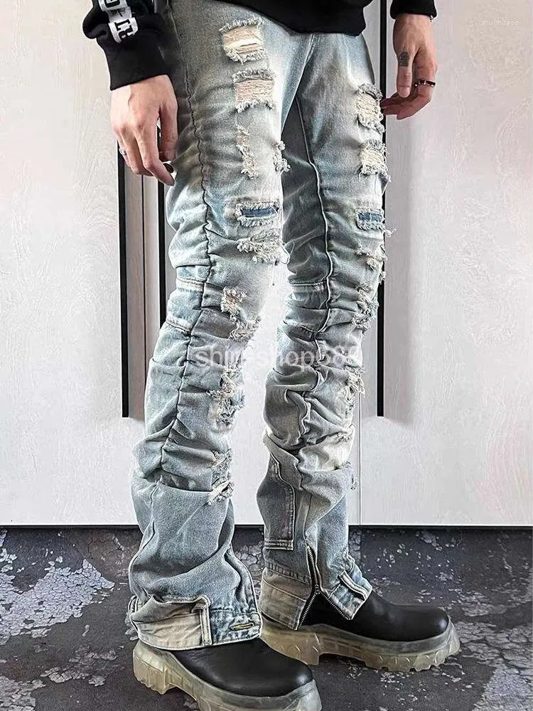 Jeans pour hommes X1X9X9X9 Hip Hop en détresse High Street Fashion Slim Fit Pantalon déchiré Denim Bas évasés