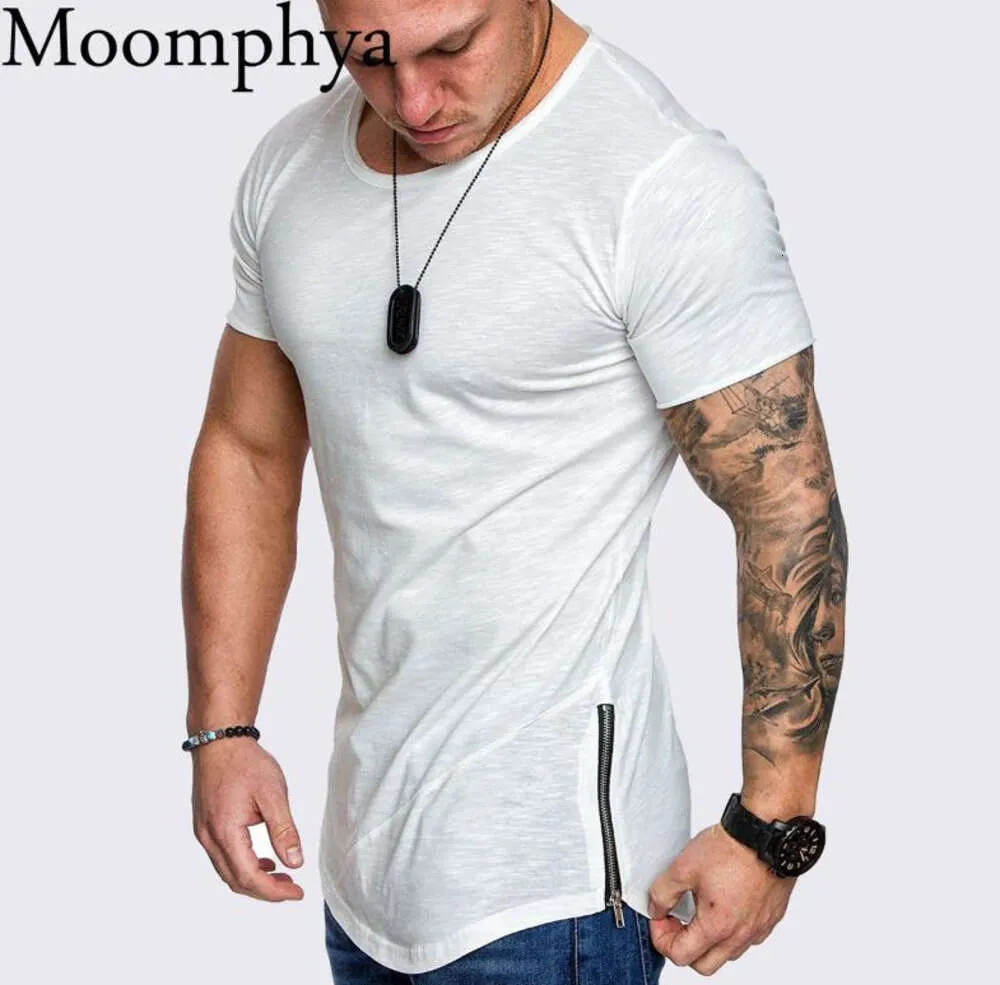 Sommer-Top für Herren, Moomphya, einfarbig, schmales T-Shirt mit seitlichem Reißverschluss, langes Slim-Fit-T-Shirt für Herren, Hip-Hop-Streetwear, Sommer-Tops