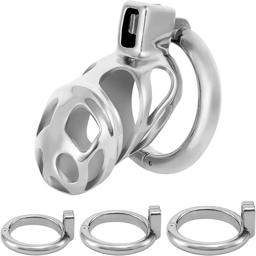 Male Chastity Device Cock Cage - UTIMI Zinc Alloy Invisible Lock Chastity Cage with 3 Active Rings Keys Adult Sex Toy for Men Penis Exercise and Abstinence Silvery