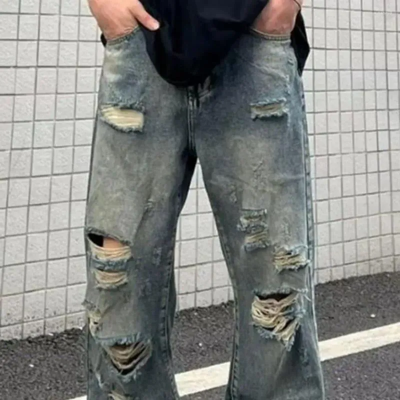 Mäns jeans Män rippade hål tvättade breda benet rakt oroliga löst hiphop streetwear fickor i full längd långa byxor byxor