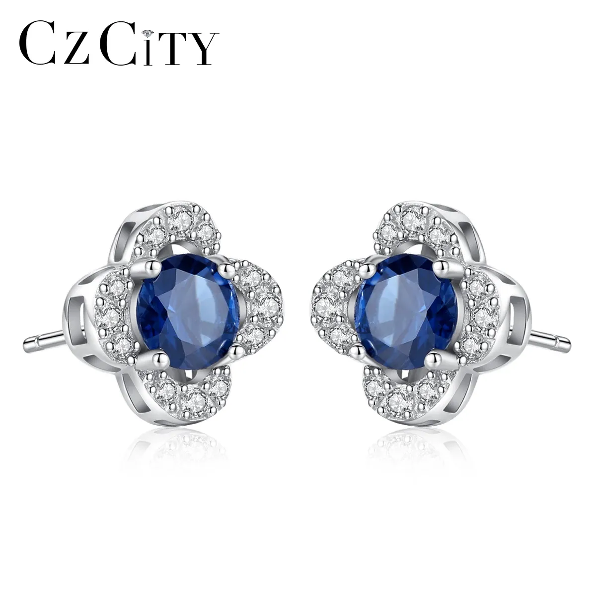 Oorbellen CZCITY Blauwe Saffier Edelsteen 925 Sterling Zilveren Bloem Stud Oorbellen voor Vrouwen Trendy Mode Bruids Bruiloft Elegante Sieraden