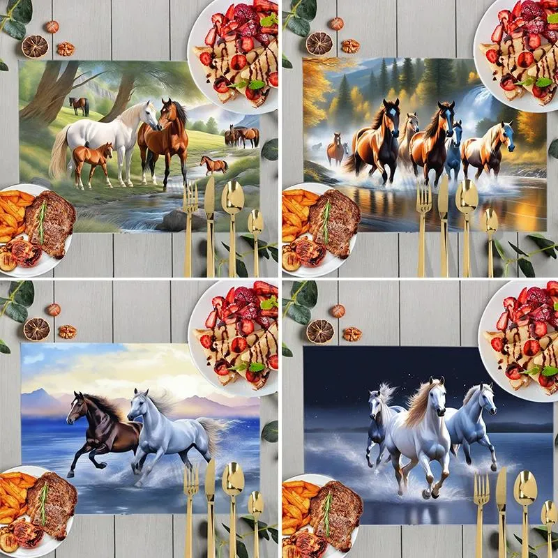 Tapetes de mesa elegante animal cavalo impressão dos desenhos animados correndo pônei linho café placemat antiderrapante almofadas de mesa de computador à prova d'água