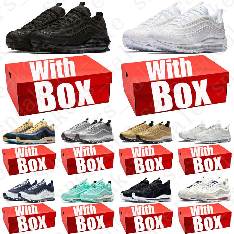 Med Box 97 Sean Wotherspoon 97s Rinnande skor för män Kvinnor Sko Triple Black White Gold Silver Bullet Mens Womens Trainers Sneakers Runners