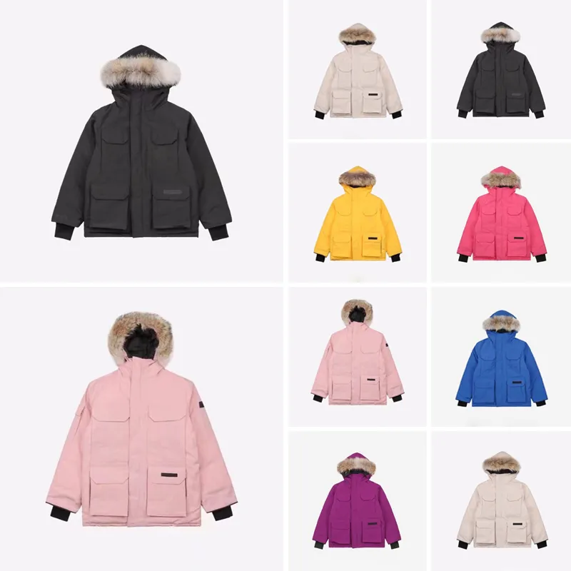 Manteau pour enfants Vêtements de créateurs pour bébés Manteaux en duvet Veste Enfant Vêtement avec badge à capuche épais vêtements d'extérieur chauds Fille Garçon Filles Parkas classiques 100% Col de fourrure de loup 6 Style Rose