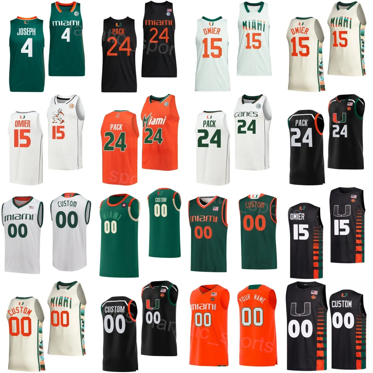 Universidade Basquete 15 Norchad Omier Jerseys Hurricanes College 4 Bensley Joseph 24 Nijel Pack 1 Michael Nwoko 5 Wooga Poplar costurado para fãs de esporte de alta qualidade