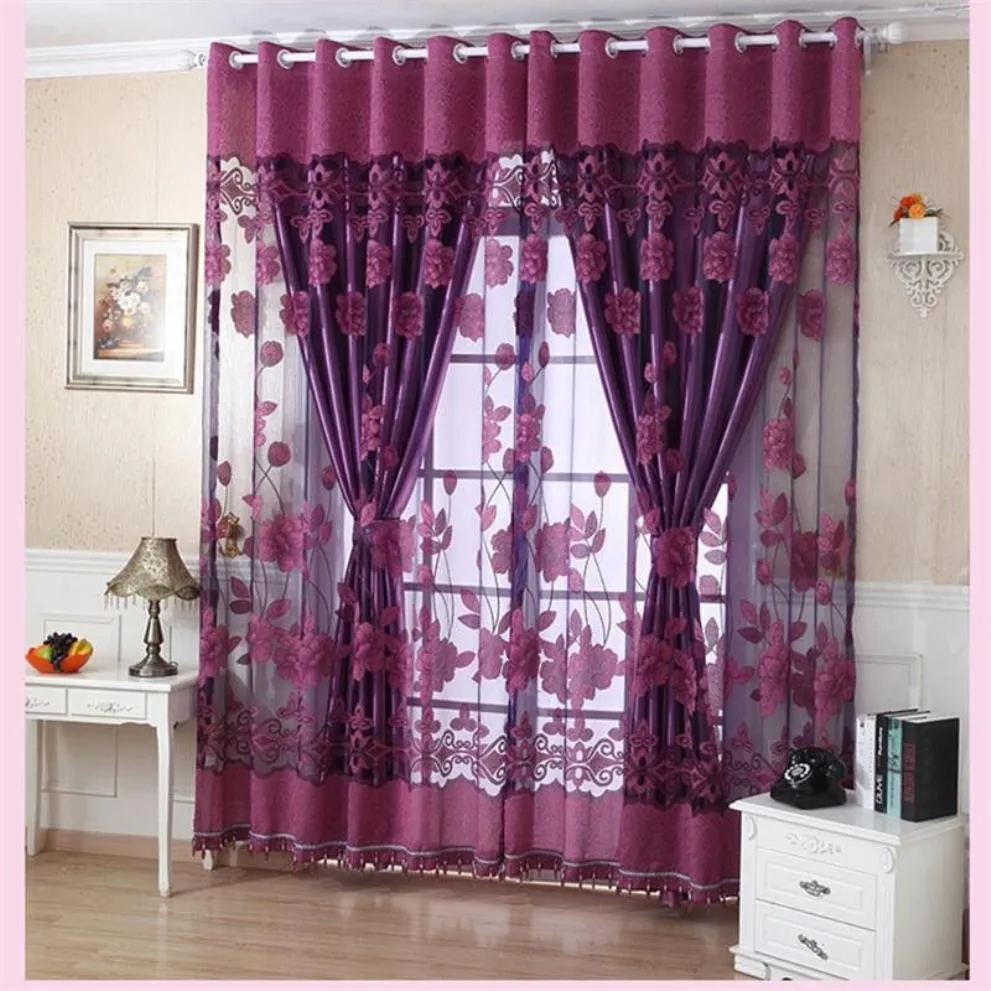 Flower Valance Blackout Curtains Home Decor Curtains Tiers for Basement Grommet Stylish Flower Tulle Door Window Curtain Drape Pan328O