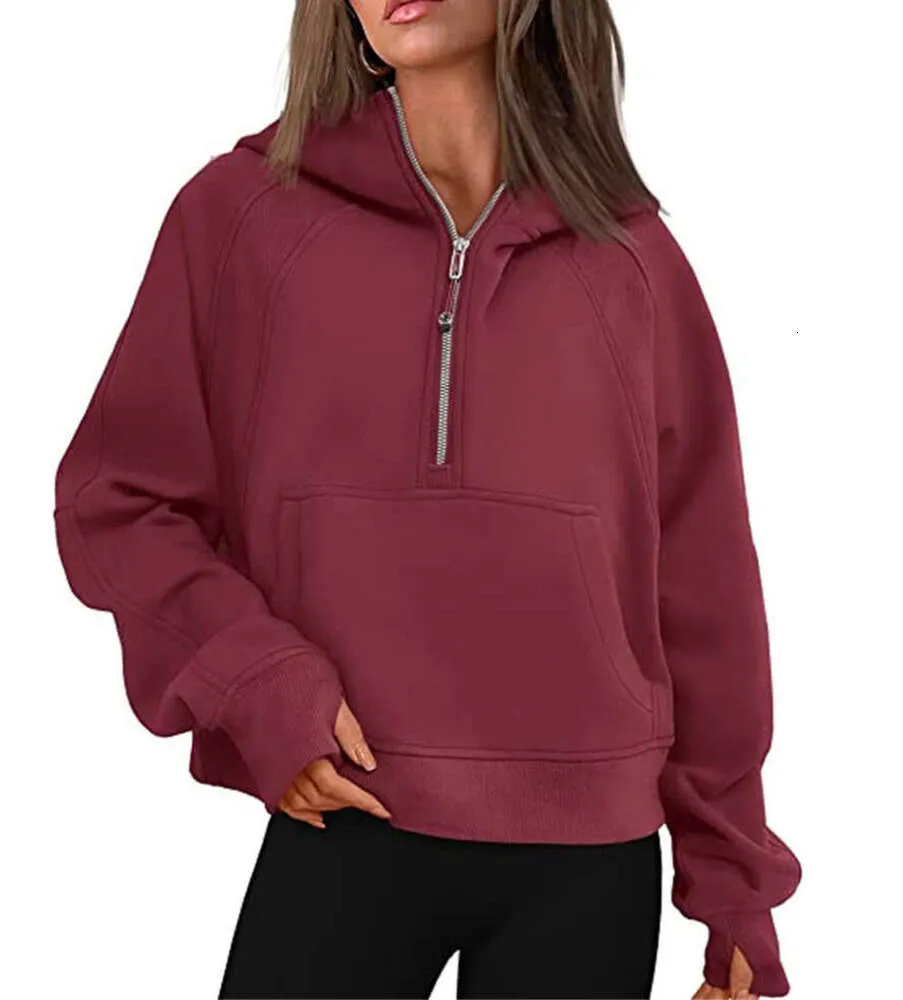 Sweats à capuche courts pour femmes Sweats à capuche pour femmes Lulu Sweats à capuche de plongée Sweat-shirts courts surdimensionnés à demi-fermeture éclair Vêtements de sport en polaire avec poches Trou pour le pouce lu45551