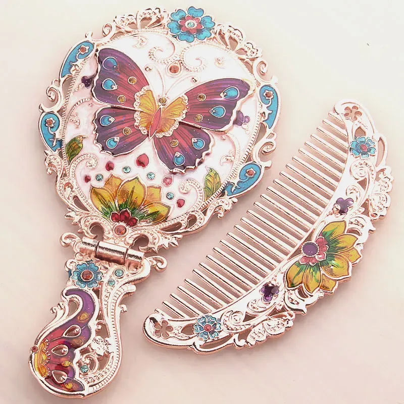 Mirrors Handle small mirror with comb set retro portable makeup mirror foldable desktop princess mirror