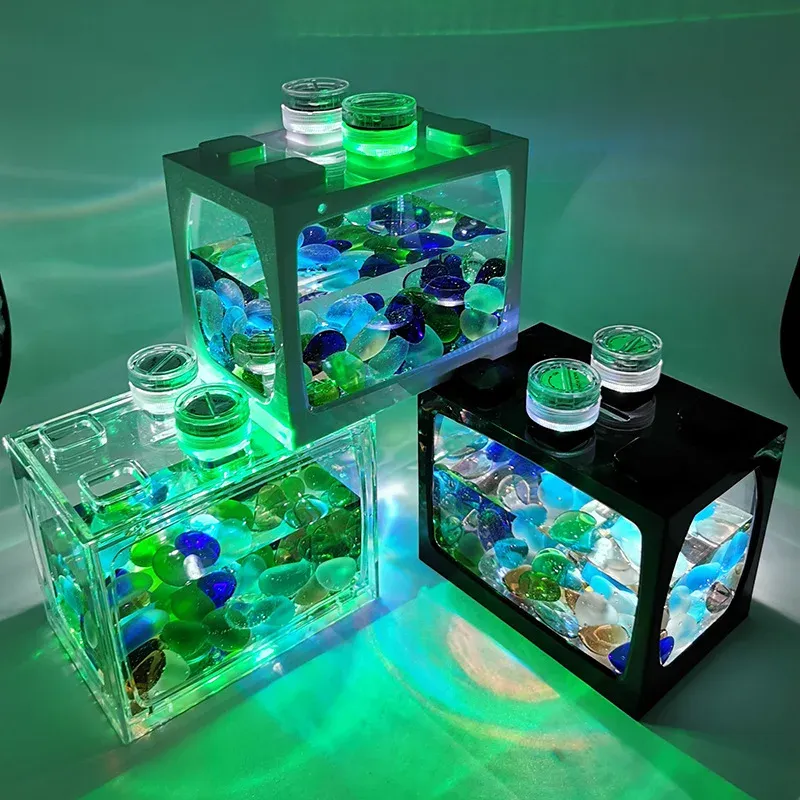 Akvarier Akvarium Mini Fish Tank Reptil PET LED Ljusbox Stapelbar Aquarium Cylinder Landscape Seawed For Home Office Decoration