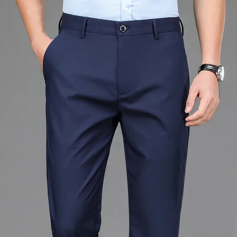 Мужские умные повседневные брюки, эластичные спортивные мужские быстросохнущие брюки, весна-осень, прямые офисные черные темно-синие брюки полной длины 240122