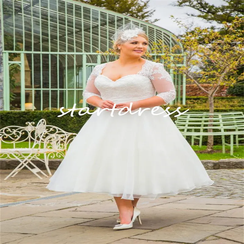 Plus Size Rustic Wedding Dress Elegant A-Line Tea Length Boho