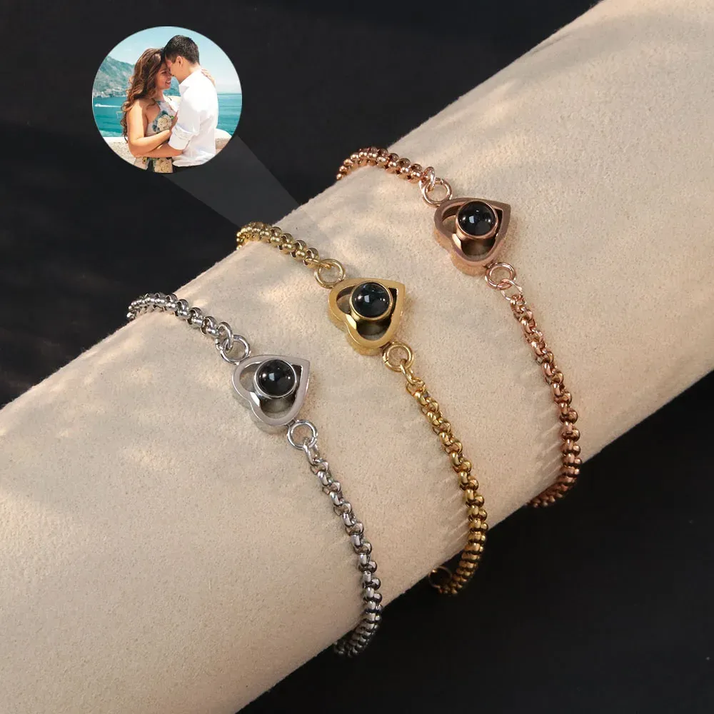 Bracelets Silver / Gold Color Projection Photo Heart Bracelet avec acier inoxydable Un bracelet de cœur bracelet bijoux pour hommes Gift Women Gift