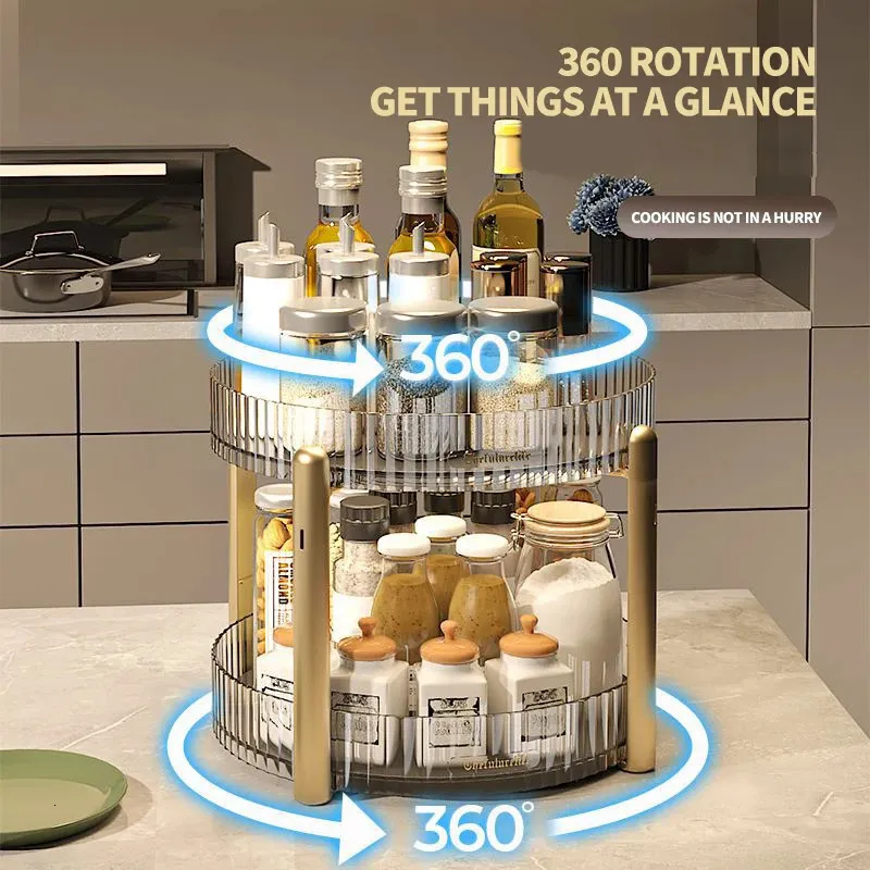 Kitchen Spice Rack Double Layer 360 Rotating Seasoning Holder Large Capacity Shelf Snacks Cosmetics Office Bathroom Storage 240122 From Jia10 12.99 DHgate.Com