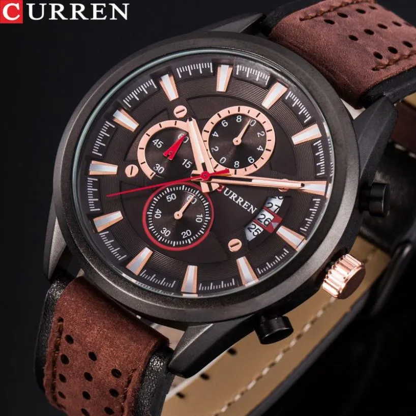 cwp CURREN Brand Luxury Casual Military Quartz Sports Wristwatch Genuine Leather Strap Male Clock Chronograph Date Men Watches294G