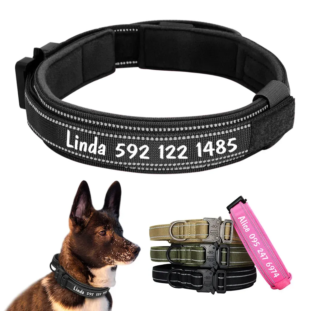 Colliers Collier de chien militaire en nylon pour grands chiens collier tactique pour animaux de compagnie personnalisé nom de chien personnalisé numéro de téléphone collier pour berger allemand