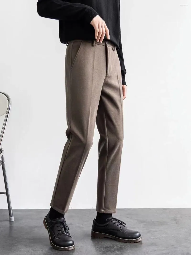 Mäns kostymer 2024 Vinter Slim Fit Woolen Suit Pants Nine Point Korean Style Tjockade mager raka avslappnade 4 färgbyxor