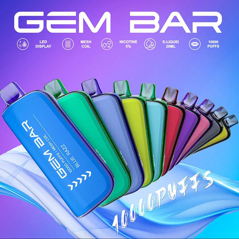 Original 10000 puffs GEM BAR Disposable E-cigarettes Rechargeable Vape pods device with LED display battery e-liquid 20 ml pre-filled 15 flavors