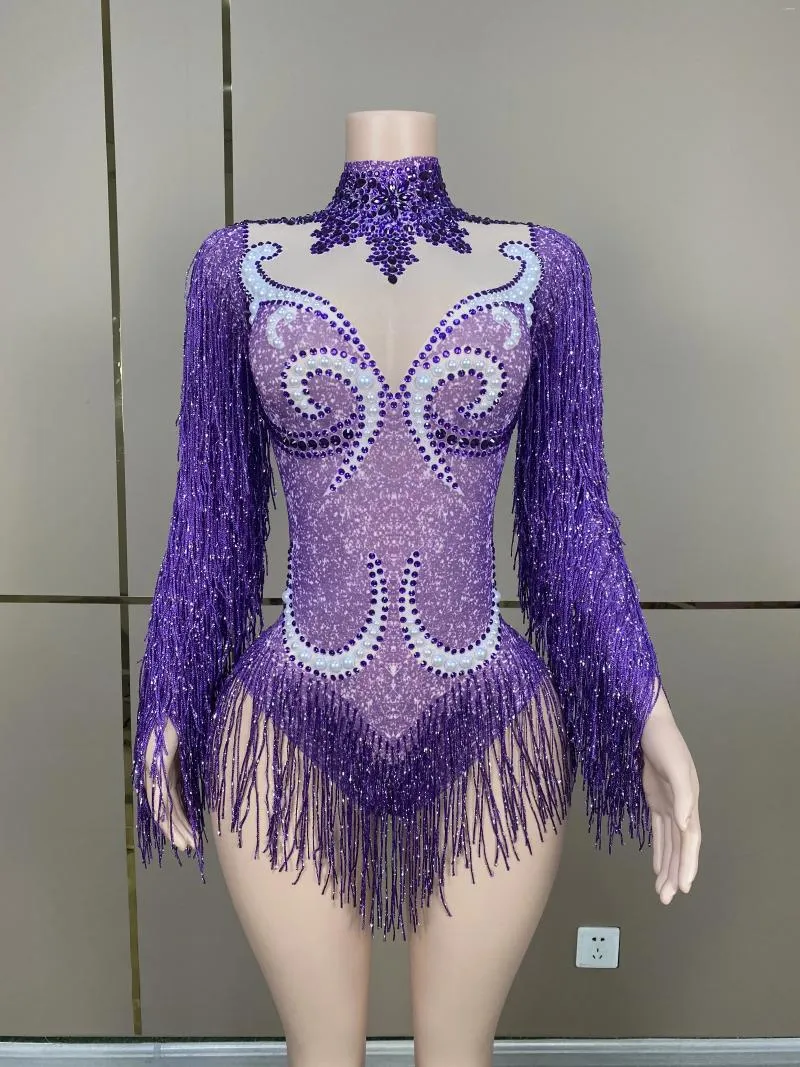 Stage Wear Purple Tassels Rhinestones Pearls Stretch Bodysuit Birthday Celebrate Outfit Evening Dance Team Performance Costume