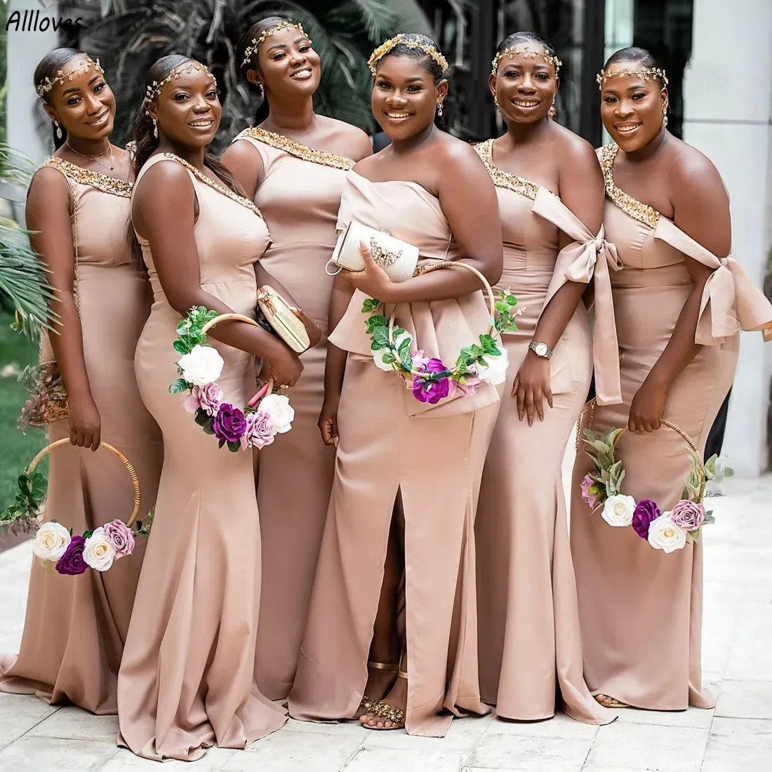 Stijlvolle Afrikaanse Meisjes Zeemeermin Bruidsmeisjes Jurken Voor Bruiloft Elegant Satijnen Pailletten Kralen Bruidsmeisje Jurken Aso Ebi Plus Size Vrouwen Lange Formele Feestjurk CL3257