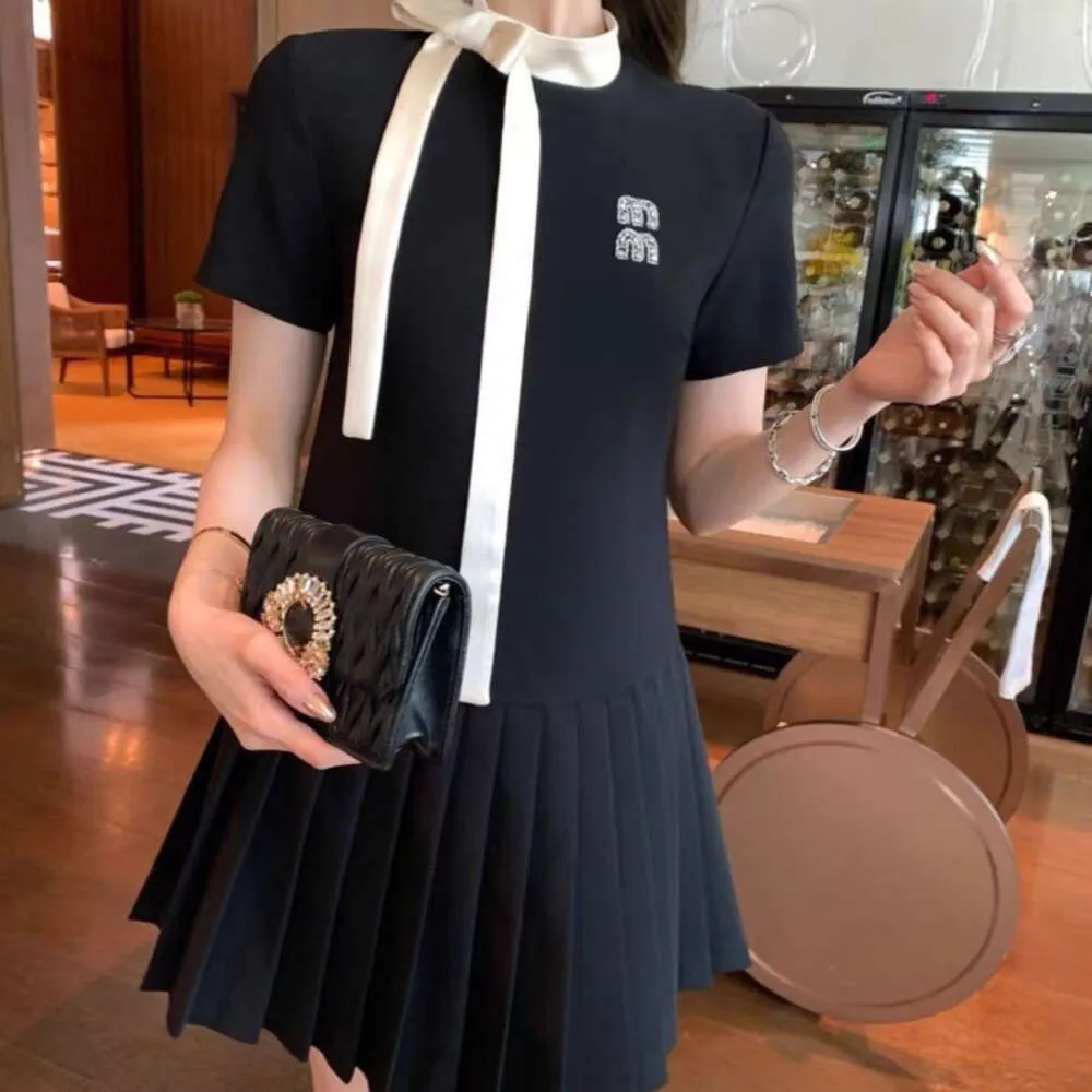 2024SS MM women dresses designer dress womens fashion rhinestone letter graphic pleated Dress neckline bow casual Dresses