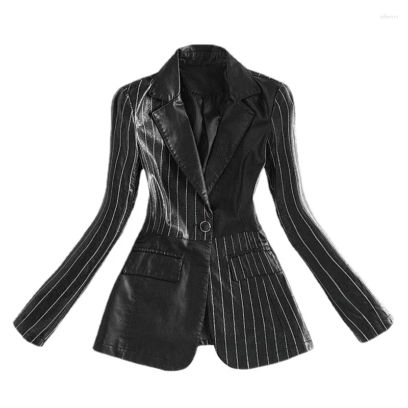 Damenanzüge 2024 Frühling Herbst Frauen Blazer Schwarz Streifen Gespleißtes Leder Mittlere Länge Slim Fit Mode Anzug Mantel