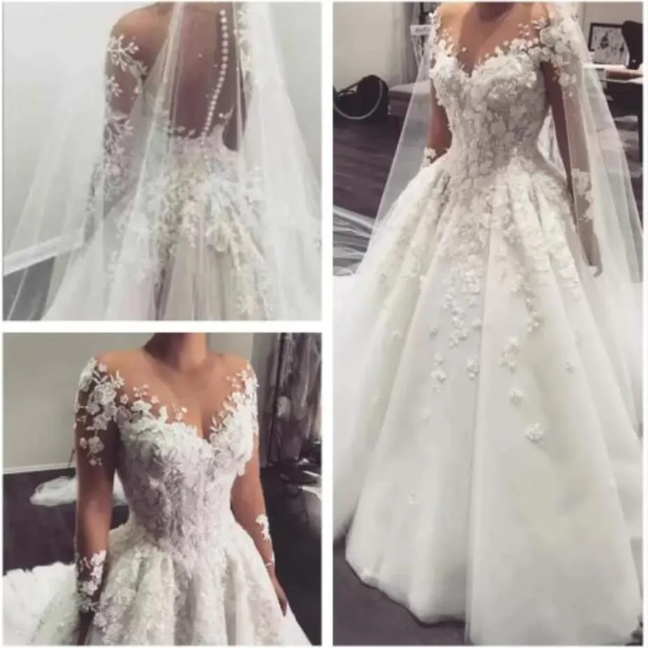 2022 Elegant Lace A Line Wedding gowns Arabic Sheer Long Sleeves Tulle Applique 3D Floral Beaded Sweep Train Bridal Wedding Dresse2773