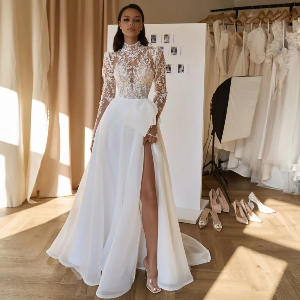 Bohemian Organza Godmother Dress for Wedding with High Collar, Long Sleeves, A-Line Bow, Side Split, and Bow Detail