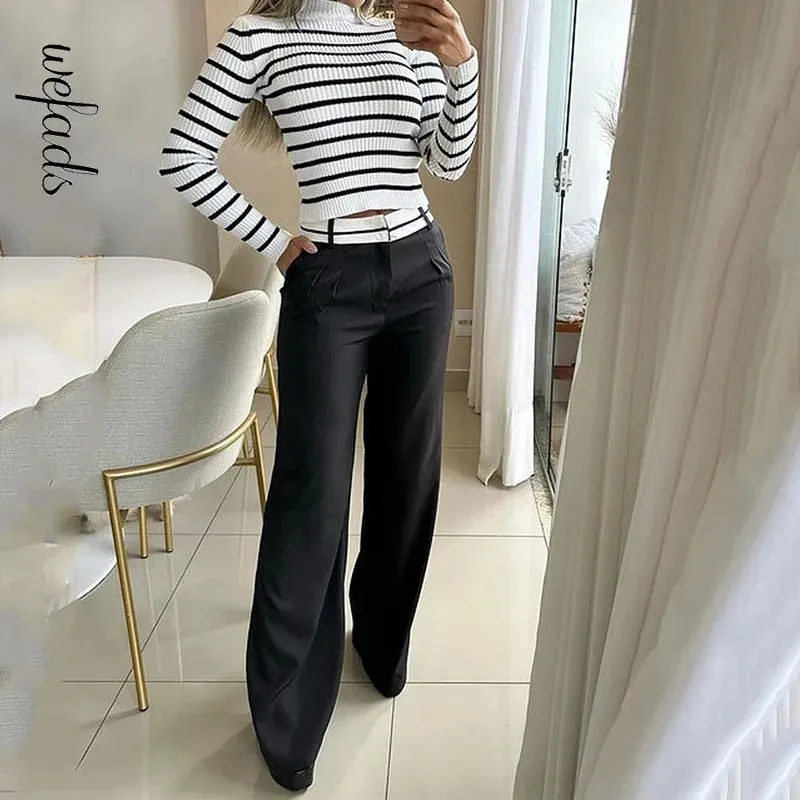 Wefads Women Two Piece Set Winter Office Casual Striped Printed Crew Long Sleeve Slim tröja Top Loose With Pockets Pants Set 240122