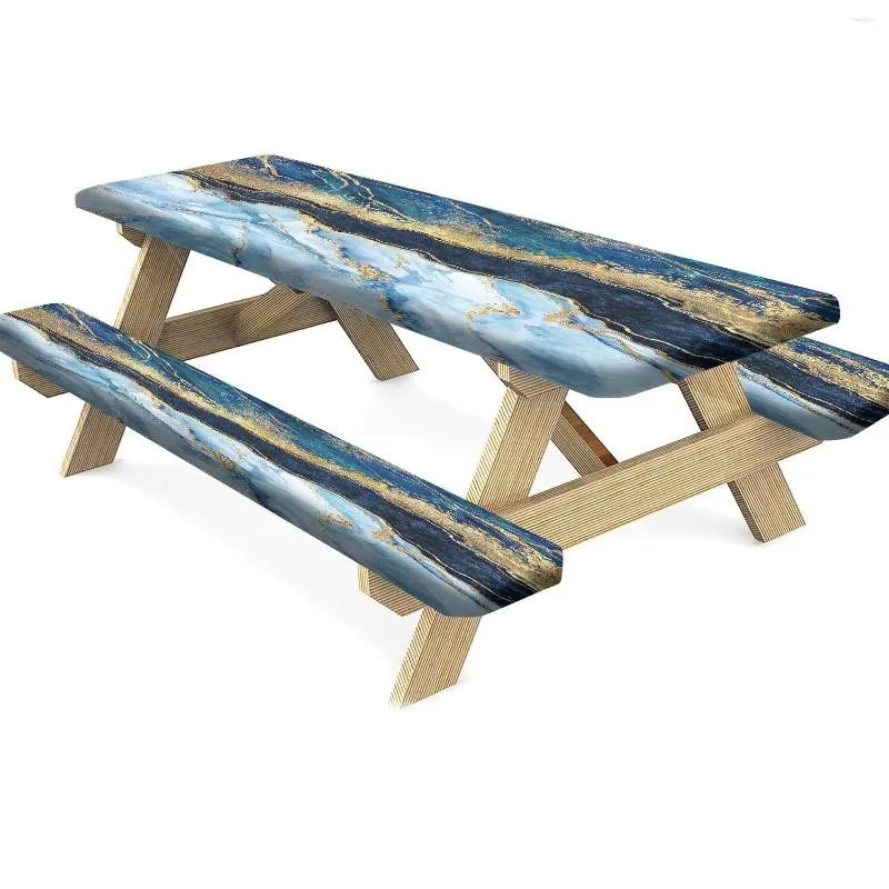 Tischdecke, Picknick-Abdeckung mit blauer Marmorstruktur, mit Banküberzügen, elastische Tischdecke für Outdoor/Grillen/Camping