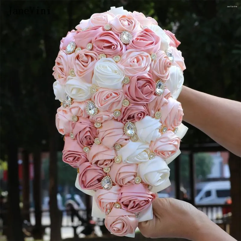 Wedding Flowers JaneVini 2024 Luxury Rhinestones Waterfall Bridal Bouquets Artificial Satin Roses Cascading Light Pink Bouquet