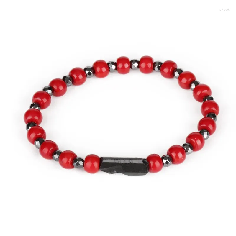 Strand 6mm Chunky Flat Red Coral Bead Alternativ 4mm Natural Black Facettered Hematite Healing Stone Charm Energy Armband For Man Women