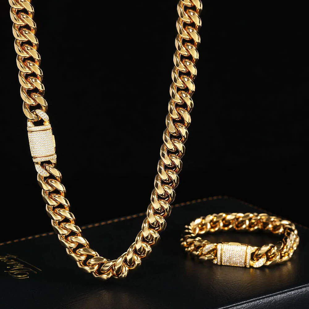 Factory 12mm Miami rostfritt stål Guldkubansk länkkedja halsband Hip Hop Cadena de Oro 14k 18K pläterad Cubana för män