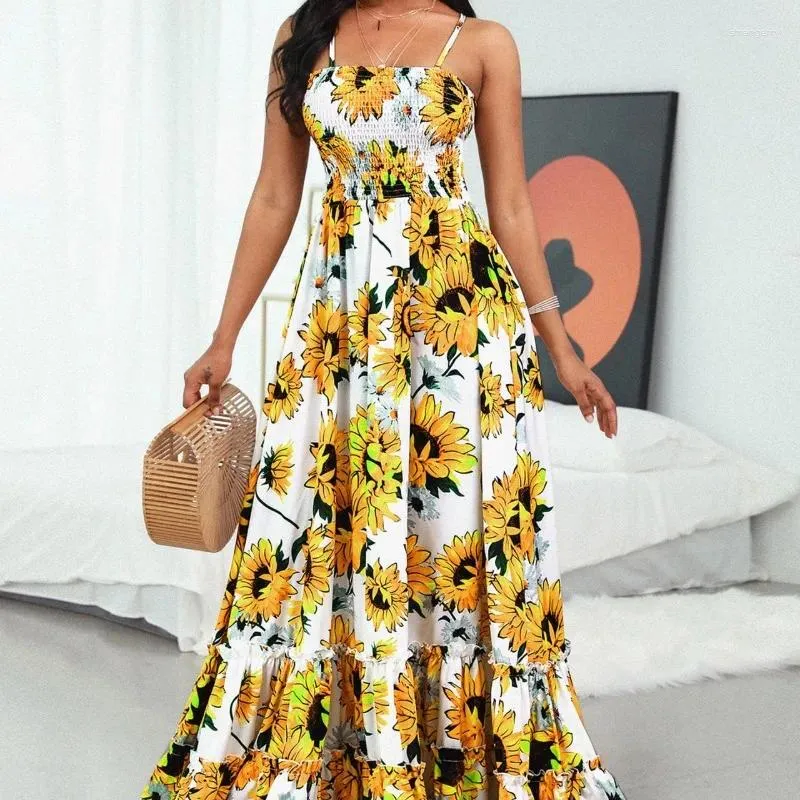 Sıradan Elbiseler 2024 İlkbahar Yaz Kadın Giysileri Sarı Ayçiçeği Baskı Askı Uzun Tatil Elbisesi
