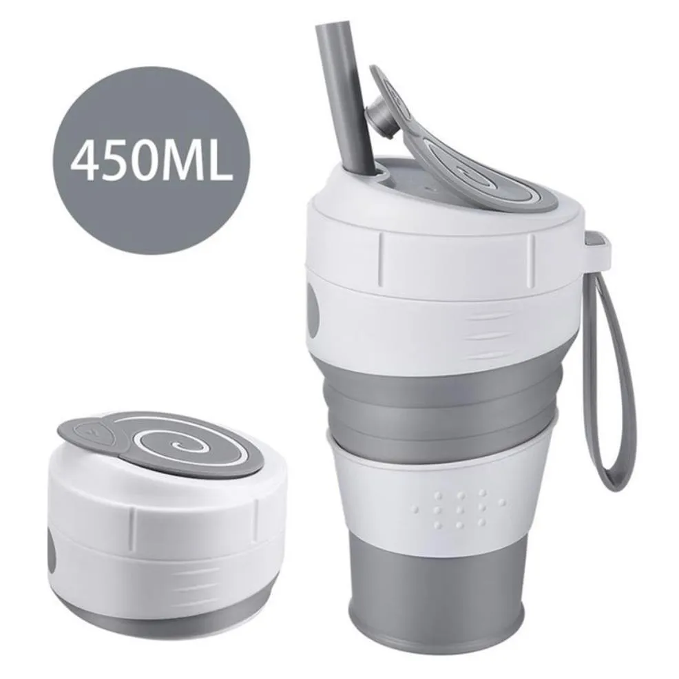 450mL Silicone Collapsible Coffee Cup With Straw Leak-proof Lid For Travel Hiking Picnic Food Grade BPA Foldable Coffee Mug 22828