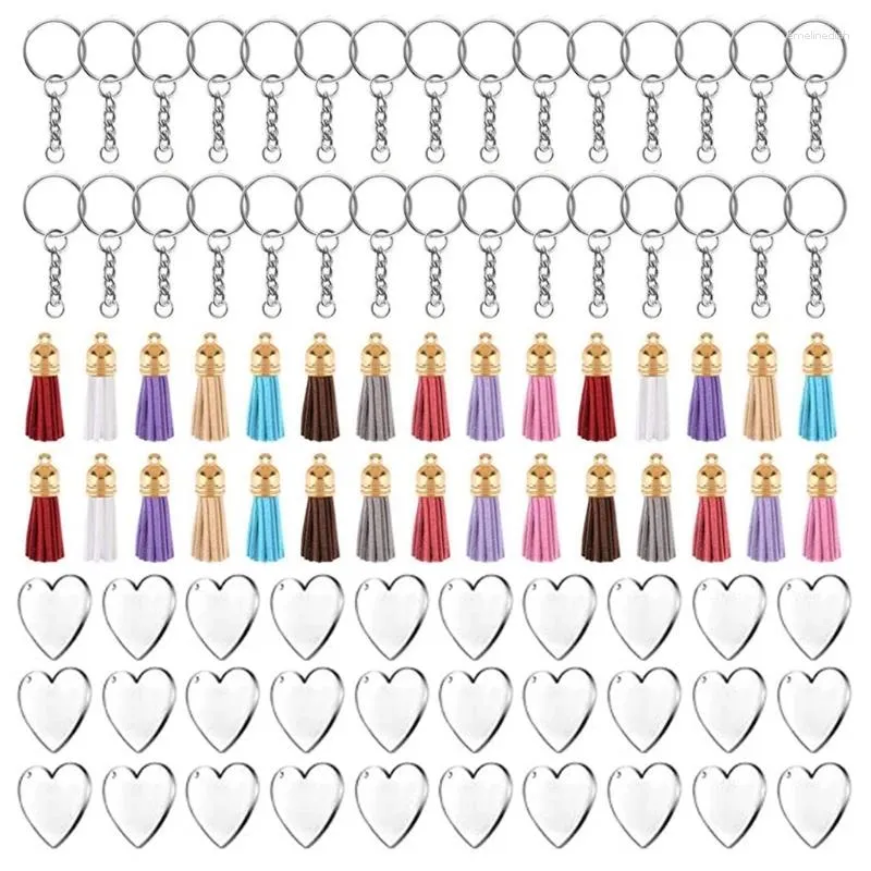 Schlüsselanhänger 90 Stück Acrylscheiben Klares Herz Schlüsselbundrohlinge Bunte Quaste für Schlüsselringe DIY Handwerk Schmuck